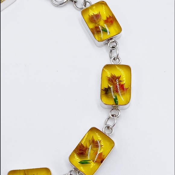 Vintage Sterling Silver Natural Flowers Set In Resin Link Bracelet - Picture 2 of 8